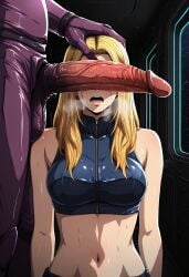 ai_generated alien alternate_costume anthro bare_shoulders blonde_female blonde_hair breasts cock crop_top defeated defeated_heroine dominated duo eyes_covered female forced game_over grabbing_head halterneck heavy_breathing helpless imminent_rape imminent_sex male metroid metroid_fusion midriff monster_on_female mouth_open penis penis_covering_eyes samus_aran size_difference sweat zero_suit_samus