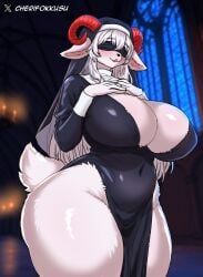 absurd_res anthro asmoriel_(cherifokkusu) ass avoid_posting big_breasts big_butt blindfold blush bovid breasts candle caprine caprine_demon cherifokkusu demon female fluffy_body fur goat goat_demon goat_ears goat_tail hair hand_on_chest hi_res horn huge_breasts mammal monastery nun nun_outfit red_horn small_waist solo stained_glass stained_glass_window thick_thighs white_body white_fur white_hair