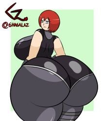 ass big_ass big_breasts breasts clothed clothed_female dino_crisis female ghagalaz huge_ass huge_breasts latex latex_clothing light_blue_eyes looking_at_viewer looking_back red_hair regina_(dino_crisis) short_hair tight_clothing wide_hips ych