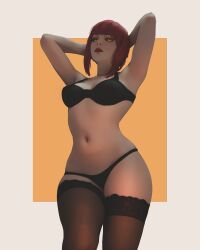 bangs big_breasts black_legwear blush breasts censored chainsaw_man clothed demon demon_girl female female_focus female_only highres lingerie looking_at_viewer makima_(chainsaw_man) meemo.psd pale-skinned_female pale_skin patreon pubic_hair pussy red_hair red_lipstick seductive_look stockings thick_thighs thighs thin_waist underwear vagina voluptuous yellow_eyes