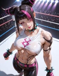 abs ai_generated asymmetrical_bangs bangs belt benj17 black_hair bracelet breasts capcom clothed collar collarbone crop_top crowd feet fighting_ring fingerless_gloves gloves hair_horns head_tilt high-angle_view juri_han large_breasts latex_pants lipstick looking_at_viewer makeup midriff muscular muscular_female nail_polish navel pants pink_belt pink_eyes pink_hair pink_lipstick pink_nails shiny_skin sidelocks smile spiked_bracelet spiked_collar streaked_hair street_fighter street_fighter_6 tank_top two_tone_hair underboob