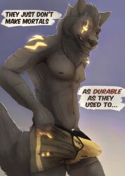 anthro bulge canid canine canis clothed clothing clothing_transformation dialogue duo hi_res living_underwear male male/male mammal speech_bubble torn_clothing torn_underwear underwear underwear_fetish underwear_only underwear_transformation vodcat wolf