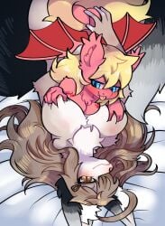 anthro areola bat_pony bed big_breasts big_tail blonde_hair blue_eyes breast_squish breasts brown_hair canid canine chest_tuft duo equid equine fan_character fangs female female/female fox furniture hair hand_on_breast hand_on_butt hand_on_hip hasbro hi_res horse inner_ear_fluff jack_(jackpon3) long_hair looking_at_another lying lying_on_bed lying_on_breasts mammal milk_tea_fox my_little_pony on_bed on_front pony red_body rule_63 size_difference snow_angel_(artist) squish tail tattoo teeth tongue tongue_out tuft wide_hips wings
