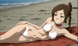 ai_generated avatar_the_last_airbender beach bikini braided_ponytail cleavage hand_on_hip happy on_side ponytail seductive_smile skinny slim_waist ty_lee