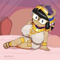 alternate_version_available big_breasts bracelet bracelets cleavage egyptian elf elf_ears elf_girl glasses gold_jewelry laying_on_bed laying_on_side nerd nerdy_female oofrowdy red_nail_polish red_nails ring sandals shortstack tagme tinsel_(oofrowdy) toe_ring