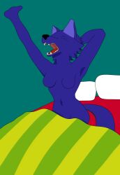 absurd_res anthro bed black_nose breasts canid canine closed_eyes digital_drawing_(artwork) digital_media_(artwork) digital_painting_(artwork) female fluffy fluffy_tail fox fox_ears fox_tail furniture hi_res mammal nude nude_anthro nude_female open_mouth painting_(artwork) simple_background skinny solo tail teeth thenoisypaw yawn