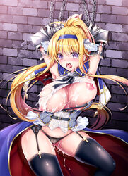 after_fellatio after_paizuri ahoge armpits arms_up bangs belt_buckle black_bra black_legwear black_panties black_ribbon blonde_hair blue_cape blue_hairband blush bouncing_breasts bound bound_wrists bow_panties bra bra_pull breasts brick_wall buckle cape chained chains commentary_request corset cum cum_bridge cum_in_mouth cum_on_body cum_on_breasts cum_on_lower_body cum_on_upper_body detached_sleeves erect_nipples eyebrows_visible_through_hair female femsub floating_hair garter_belt garter_straps geko glint hair_between_eyes hair_ornament hairband high_ponytail large_breasts latin_cross leg_up long_hair looking_at_viewer navel neck_ribbon nipples open_mouth original panties ponytail purple_eyes red_cape restrained ribbon shiny shiny_hair shirt sidelocks skindentation sleeveless sleeveless_shirt solo standing standing_on_one_leg thighhighs torn_clothes torn_shirt underwear vambraces very_long_hair waist_cape white_shirt