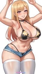 ai_generated ai_loverhoney bikini blonde_hair choker floral_print kitagawa_marin large_ass large_breasts looking_at_viewer pink_eyes short_hair smile sono_bisque_doll_wa_koi_wo_suru thick_thighs thighhighs
