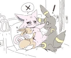 ambiguous_fluids bed bedroom black_body breast_play breast_suck breasts brown_body draft_(disambiguation) eevee eeveelution espeon exclamation_point female feral furniture generation_1_pokemon generation_2_pokemon group hi_res hug male nintendo nipples paws pink_body pokemon pokemon_(species) simple_background sucking umbreon yelushiku