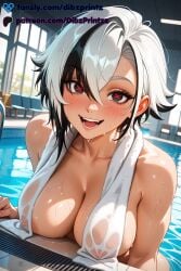 1girls :d ai ai_assisted ai_generated anime arlecchino_(genshin_impact) artist_name black_eyes black_hair blush breasts cleavage collarbone covered_nipples dibzprintz fangs fansly female genshin_impact hair_between_eyes hi_res high_quality high_resolution highres indoors large_breasts looking_at_viewer multicolored_hair open_mouth pool red_pupils short_hair smile solo streaked_hair symbol-shaped_pupils teeth towel towel_around_neck two-tone_hair upper_body water watermark wet white_hair x-shaped_pupils