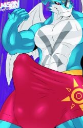 abs animated anthro balls_outline bandai_namco barazoku bulge clothed clothing detailed_bulge digimon digimon_(species) dragon dragon_wings exveemon flexing flexing_bicep genital_outline glistening glistening_body hi_res j450n2080 male muscular muscular_anthro muscular_male mythological_creature mythological_scalie mythology penis_outline scalie showoff solo tenting throb underwear underwear_only