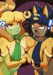 abstract_background animal_crossing ankha_(animal_crossing) anthro big_breasts bodily_fluids breast_squish breasts canid canine canis clothing collar domestic_cat domestic_dog duo felid feline felis female female/female hand_holding harem_outfit heptaofspades hi_res huge_breasts hypnosis isabelle_(animal_crossing) mammal mind_control nintendo open_mouth panties snaggle_tooth spiral_background spiral_eyes squish sweat underwear veil