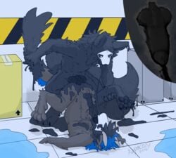 2018 anthro assimilation ausjamcian ausjamcian_(character) balls big_penis biped black_fur black_penis canine changed_(video_game) cum cum_inside dragon ejaculation fluffy fur furred_dragon furry goo_creature human internal knot knotting lying male male/male mammal mask missionary_position monster nude on_back paws penis puro_(changed) rubber sex transformation wolf yaoi