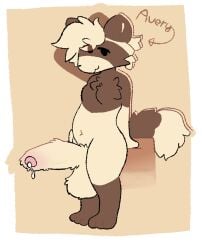 anthro avery_(nyactophiliac) balls big_penis breasts cum_dripping_from_penis domestic_ferret fluffy fluffy_balls fluffy_penis futanari genitals herm huge_cock hyper hyper_genitalia hyper_penis intersex mammal mustelid musteline nyactophiliac penis small_breasts solo true_musteline weasel