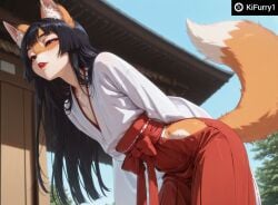 1boy ai_generated anthro femboy flat_chest fox fox_ears fox_tail fur furry hands_behind_back japanese_clothes kifurry1 kimono leaning_forward male otoko_no_ko outdoors red_fur red_hair skinny standing yaoi