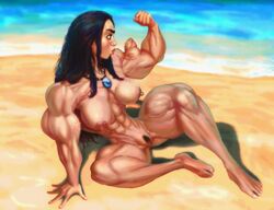 abs beach biceps black_hair breasts disney disney_princess extreme_muscles female flexing hyper_muscles jugie long_hair moana moana_waialiki muscles muscular muscular_female nipples nude pubic_hair pumpfactory pussy solo