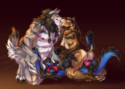 2026 accessory amazon_position anthro artist_name ass balls blue_body blue_fur boypretties braided_hair breasts brown_body brown_fur canid canine claws deep_throat digital_media_(artwork) erection fangs feet felid female fluffy fluffy_tail foot_grab fur genitals gradient_background group group_sex hair hair_accessory hair_ring hi_res kissing knot knotted_penis lying male male/female male/male mammal nipples nude nude_anthro nude_female nude_male on_back oral oral_penetration pawpads paws penetration penile penile_penetration penis pointy_ears prehistoric_species prick_ears red_eyes red_hair reverse_spitroast saber-toothed_tiger sabertooth_(anatomy) sex short_tail simple_background tail teeth text threesome toe_claws trio two_seater white_body white_fur