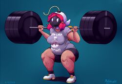 1girls 2016 barbell belly big_ass blue_background bob-omb breasts chubby clothing crouching dark-skinned_female dark_skin dated exercise female female_only full_body half-closed_eyes humanoid large_ass mario_(series) mask mataknight nintendo o3o outta_sync pink_hair shirt shoes shorts shy-bomb shy_gal simple_background socks solo squatting sweat text thick_thighs thighs watermark weightlifting weights wet wide_hips workout