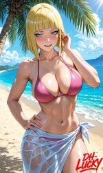 1girls ai_generated bangs beach bikini blonde_hair blue_eyes blush blush_lines bob_cut breasts curvy curvy_figure dh_lucky female hand_on_hip looking_at_viewer naruto naruto_(series) naruto_shippuden nude ocean partially_submerged pink_bikini samui short_hair solo solo_female submerged wet wet_body wet_hair