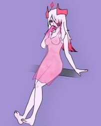 feet female_genitalia nazunachi(artist) phighting pink_dress pink_eyes pink_hair pink_horn purple_background see-through_clothing see-through_dress sitting subspace_(phighting) white_bow