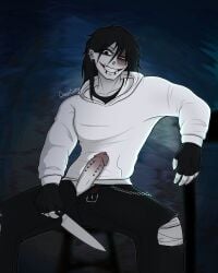 artist_name artist_signature black_hair burn_scar clothed cock creepcoffin creepypasta eye_contact glasgow_smile jeff_the_killer killer knife male male_only pale_skin pants_down penis penis_out pierced_ears pierced_genitals pierced_penis piercing piercings scars sitting slasher solo_male white_skin