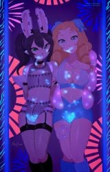 black_hair bunny_ears clean_diaper detailed_background diaper duo glowing_markings lipstick lipstick_on_diaper looking_at_viewer merunyaa naughty red_hair ryhn ultraviolet_light wearing_diaper