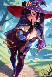 ai_generated balecxi black_gloves cleavage earrings female finger_to_mouth genshin_impact green_eyes jewelry large_breasts leotard long_hair looking_at_viewer mona_(genshin_impact) outdoors pantyhose patreon_username purple_hair smile solo thighs twintails web_address witch_hat
