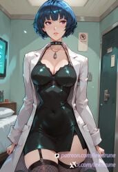 ai_generated anime black_lingerie choker dark_blue_hair female from_above illustration indoors large_breasts lewdrune persona_5 purple_eyes short_hair solo solo_focus tae_takemi