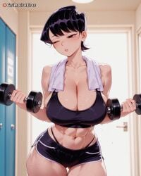 abs ai_generated artist_name ass_visible_through_thighs bare_shoulders black_eyes black_hair black_shorts black_sports_bra blurry blurry_background blush breasts cleavage collarbone cowboy_shot dolphin_shorts dumbbell exercise female grimoireeros gym highleg highleg_panties huge_breasts indoors komi-san_wa_komyushou_desu komi_shuuko large_breasts mature_female midriff muscular muscular_female navel one_eye_closed panties panty_straps parted_lips patreon_logo patreon_username short_hair short_shorts shorts solo sports_bra standing sweat thick_thighs thigh_gap thighs thong toned towel towel_around_neck underwear very_sweaty web_address weightlifting weights wide_hips