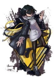 arknights arknights:_endfield bakuhaku black_hair coat endministrator_(arknights) erection_under_clothes female_endministrator_(arknights) futanari mask pantyhose solo solo_futa sweater_dress tights