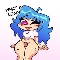 big_ass big_thighs blue_eyes blush cum cum_on_body cum_on_face cumshot dialogue english_text female female_focus female_only floating_penis friday_night_funkin friday_night_funkin_mod half_naked heart-shaped_pupils mod on_top pubic_hair reborn_sky_(st4rcannon) self_upload shirt_only simple_background sirsmol sky_(friday_night_funkin) skyverse thigh_sex thighs tongue_out wink