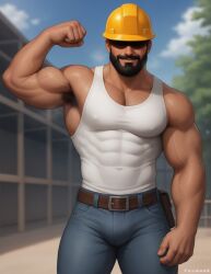 1boy abs ai_assisted ai_generated armpit armpit_hair bara beard belt body_hair bulge construction_site construction_worker covered_abs detailed_background eyeless flexing hairy hard_hat jeans male male_only male_pubic_hair muscular muscular_male musk pectoral_cleavage presenting_armpit shadowed_eyes smile smirk solo tank_top thumosx