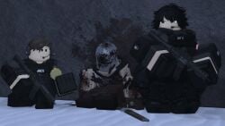 1boy 1girls 3d assault_rifle big_breasts blood_splatter blood_stain breasts caffinatedbuns clothed corpse dead decaying_winter firearm firearms fully_clothed gloves grave/digger gun guns helmet holographic_sight mcx_virtus_raider metal_helmet no_sex pocket_watch rifle roblox roblox_game robloxian shot thick_thighs thighs weapon