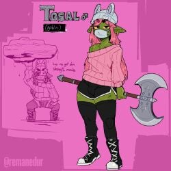 1boy blue_eyes bulge bulge_under_clothes bunny_ear_hat character_name character_sheet clothed_male context_at_source earrings facemask femboy green_skin holding_axe holding_weapon male male_focus male_only male_shortstack mask orc orc_femboy orc_male original original_character remanedur short_male short_shorts shorts solo_male sweater tagme thick_thighs tosal_(remanedur) weapon yellow_sclera