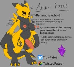 amber_fates anthro balls bandai_namco big_hands breasts digimon digimon_(species) english_text futanari genitals gynomorph heart_(marking) hi_res horn hybrid intersex kobold markings model_sheet neck_tuft nipples penis renamon scalie shortstack solo text truly_fates_(artist) tuft