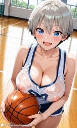 1girls ai_generated athletic athletic_female basketball basketball_court braid breasts casual casual_nudity encoder exhibitionism female indoors large_breasts looking_at_viewer nipples public see-through see-through_clothing shorts smile sportswear transparent_clothing uzaki-chan_wa_asobitai! uzaki_hana wet wet_clothes wet_shirt