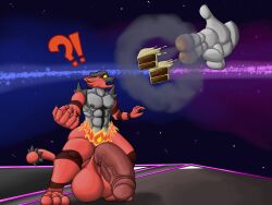 4:3 abs absurd_res anthro balls big_penis cake dessert domestic_cat duo felid feline felis food generation_7_pokemon genitals hi_res huge_cock hyper hyper_ball hyper_genitalia hyper_penis incineroar male mammal master_hand muscular nintendo nipples nude pantherine pecs penis pokemon pokemon_(species) space stage super_smash_bros. tiger wolfgerlion64