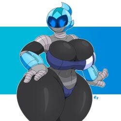 iu_(omegabrawl) robot blue_eyes blue_metal metal clothing clothed smiling pose wide_hips thick_thighs huge_ass medium_breasts omegabrawl i_made_ts_on_my_phone
