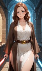 ai ai_generated big_breasts blue_lightsaber brunette_hair bulge_through_clothing disney jedi lightsaber red_lightsaber star_wars white_brown_robe