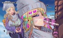 2koma blonde_hair blowjob blowjob_face blue_eyes breath dark-skinned_male finnish_girl grandarcch hot_chocolate interracial lipstick lipstick_mark lumi_(grandarcch) pink_lips snowbunny winter winter_clothes
