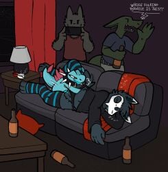 alcohol andromorph andromorph/male anthro beverage bodily_fluids canid canine canis closed_eyes clothed clothing collar drunk drunk_sex duo erection forced fur furniture generation_2_pokemon genital_fluids genitals group hi_res intersex intersex/male lying male male_penetrating mammal nintendo noble_(nobledreameater) open_mouth panties penetration penile penis pokeball pokemon pokemon_(species) recording reptile scalie sex skulldog_(species) sleep_sex sleeping sofa substance_intoxication tail text totodile trout_(artist) underwear vaginal_penetration vulva wolf