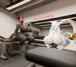 3d_(artwork) ankh anthro ass bell bench bench_press big_breasts big_butt black_body blender_(artwork) bodily_fluids bottle braided_hair breasts canid canine canis container digital_media_(artwork) domestic_cat duo exercise felid feline felis female fluffy_(fluffyglitch) fluffyglitch gym hair hi_res hoki_(joseluisgm) huge_breasts inside jackal lifting_weight looking_at_viewer mammal mirror nipple_piercing nipples nude piercing pink_hair sitting smile sweat sweaty_body thick_thighs water_bottle weightlifting white_body white_hair wide_hips workout
