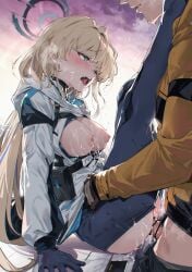 1boy after_kiss bar_censor black_gloves blonde_hair blue_archive blue_eyes blue_hair blue_halo blue_streaks bodysuit breasts breasts_out censored commentary_request female gloves halo highres jacket kurotsuki_machi large_breasts legs_up long_hair multicolored_hair nipples official_alternate_costume official_alternate_hairstyle open_mouth saliva saliva_trail sex straight streaked_hair toki_(armed)_(blue_archive) toki_(blue_archive) white_jacket
