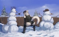 2026 anthro anthro_female armwear denim denim_bottomwear denim_shorts fence fishnet_legwear fishnets furry furry_female glasses gothic hair hat legwear looking_back oc oc_character short_hair snow snowing snowman snowmen spank_marks spiked_collar spiked_legwear spikes tail totesfleisch8 tree twerking twitter_link white_body