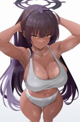 1girls absurdres ahoge alternate_costume armpits arms_up bare_arms bare_legs bare_shoulders black_halo blue_archive breasts bright_pupils brown_hair calvin_klein cleaning_&_clearing_(blue_archive) cleavage collarbone cowboy_shot dark-skinned_female dark_skin female gradient_hair gradient_halo grey_panties grey_sports_bra groin halo hands_in_own_hair highres huge_breasts karin_(blue_archive) light_blush long_hair looking_at_viewer millennium_science_school_student multicolored_hair multicolored_halo navel panties purple_hair purple_halo pursed_lips rlayuta_998 shiny_skin sidelocks simple_background skindentation solo sports_bra steaming_body sweat underwear underwear_only very_long_hair very_sweaty white_background white_pupils yellow_eyes
