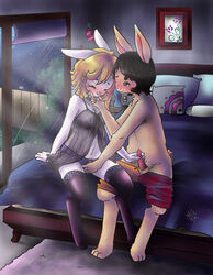 2014 abril_hime accessory animal_genitalia bed bedroom black_eyes black_hair blonde_hair blush bodily_fluids bottomwear breasts brown_fur closed_eyes clothed clothing crotchless_panties detailed_background digitigrade duo female fingering fluffy fur genital_fluids hair hair_accessory hairpin hand_on_face hand_on_penis handjob hi_res james_flynn lagomorph legwear leporid long_ears male mammal masturbation mutual_masturbation negligee night nightgown nipples one_eye_closed painting panties pants_down partially_clothed penile penis pichigani pillow pink_nose precum rabbit red_penis rug sex short_tail shorts smile stockings tears translucent translucent_clothing underwear white_fur window