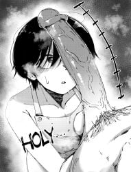 2d 2d_(artwork) apron apron_only big_penis black_and_white black_eyes black_hair blush circumcised crumblestodust halfbody imminent_oral imminent_sex looking_at_penis looking_up naked_apron penis penis_awe penis_on_face short_hair simple_background simple_coloring speechless steam steaming text uncensored veiny veiny_penis