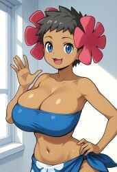 1girls ai_generated artist_request black_hair blue_eyes breasts cleavage collarbone dark-skinned_female dress elite_four female female_only flowers_in_hair huge_breasts large_breasts long_hair nintendo phoebe_(pokemon) pink_flower pink_flowers pokemon pokemon_oras pokemon_rse short_hair solo solo_female solo_focus tube_top tubetop