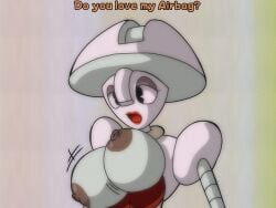 areolae bunsen_(super_mario_bros_super_show) dic_entertainment female female_only flashing flashing_breasts joke lipstick mario_(series) movement_lines nintendo nipples not_ai_generated robot robot_girl speaking_to_viewer speed_lines text the_super_mario_bros._super_show! unaligned_breasts wanting_sex wardrobe_malfunction