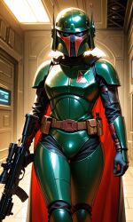 ai ai_generated boba_fett bulge_through_armor disney genderswap_(mtf) gun mandalorian mandalorian_armor red_cape star_wars